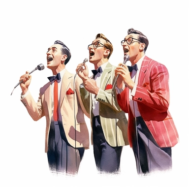 A retro-style barbershop quartet performing in a park, harmonizing classic songs and wearing dapper outfits, clipart, watercolor, white background, american style