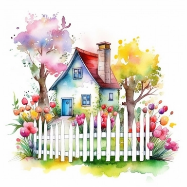 clipart, isolated on white background, beautiful cute Watercolor Spring Cottage - cute little house with fence and chimney, tree and flowers, ornated, vivid and saturated colors