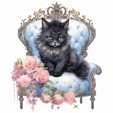 make a clipart of watercolor fairytale black fluffy princess cat with a tiara, laying on a blue victorian foot stool, and roses, rococo, shabby chic