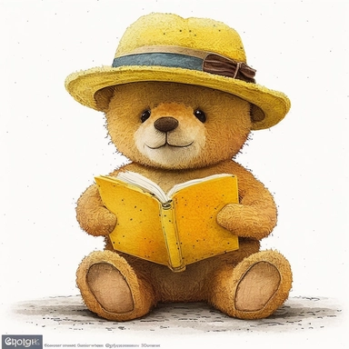 clipart of watercolor style, smiling yellow teddy bear wearing a straw hat looking a book, cinematique, smiling face, detailed Footpad texture, white background, hight detailed,no texte, no deformed, dynamic pose v4