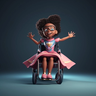 cinematic establishing pixar style cartoon shot full body view clipart - 7 year old african american girl in a wheelchair with beautiful hair in summer, beautiful big eyes shining, smiling, superhero princess clothes with cape , arms up celebrating, very bright, light edging, crisp detail