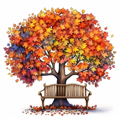Autumn tree by the bench, in the style of digital airbrushing, pattern - based painting, storybook illustrations, hd, ps1 graphics, soft shading, accurate and detailed, style by Lucy Fleming, watercolor, smooth gradients, black contour outline, ultra detailed, clipart elements, delicate pastel colors, solid white background, super clear, high quality