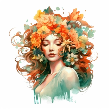 Fantasy Style Ancient Rome style Beautiful Flora Goddess flowers on her beautiful hairs with watercolor effect,Many flowers,suitable for digital clipart,white background,Mythologic Scene,Ancient rome fashion