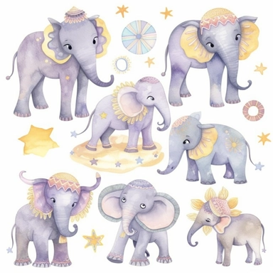 Imagine you're creating a set of cute, hand-painted elephant illustration clipart to decorate a baby's nursery. Your goal is to create a highly stylized and whimsical design that captures the playful spirit of childhood. Use varied bright pastel colors to create a dreamy and ethereal effect. The elephants should be depicted with exaggerated features, like oversized head, ears and eyes, and a rounded, plump body. Use loose, gestural brush strokes to give the illustrations a playful and lively fee