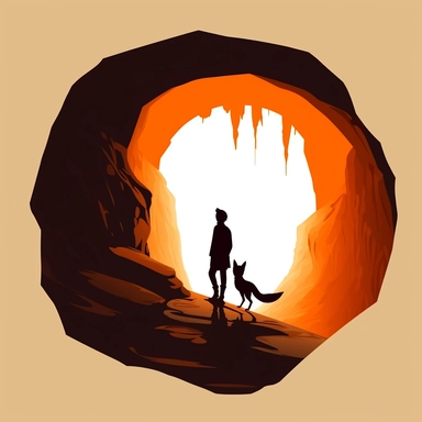 a minimalistic clipart picture.a walker is following a fox out of a cave..