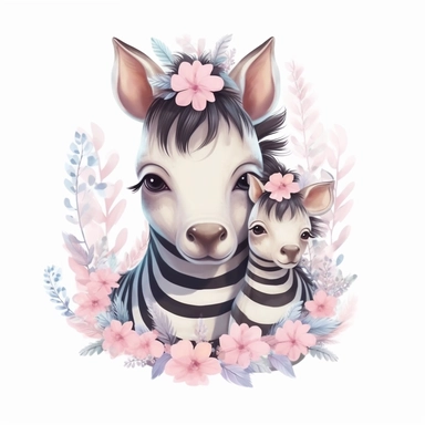 Cute floral illustration, realsitic adorable baby Zebra hugging his mom happy clipart, nursery style clipart, Nursery Animals Art, Kids Wall Art, Kids Room Decor, Baby Room Decor, isolated on white, ultra - detailed, high quality, ghibli style, award winning