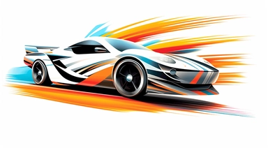 Contemporary vector clipart featuring a stylized drift car, represented by bold lines and abstract shapes, highlighting the car's distinctive design and speed, suitable for use in logos, icons, or racing-related infographics, on a clean white background
