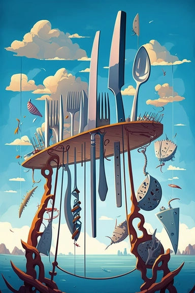 bridge, sky, rope, knives, forks, spoons, sky, background, fish,book illustration style, by Digital-Vector-Illustration Jordan-Grimmer-Concept-Painting, watercolor clipart, hyperdetailed painting, beautiful scene, cartoon, flat colors, 50mm, f1.4