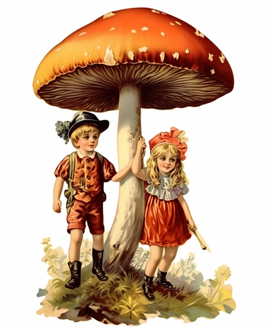 Vintage 1920 Victorian boy and girl carrying a large mushroom Illustration, Chromolithograph, Die Cut, 1920s Illustration, Vintage, Chromolithograph, Colorful, Antique, Ephemera, Clipart, 8k, Isolated on white