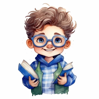 a happy little cute boy in a five-year-old, white short, blue jacket, book, glasses, style by Lusy Fleming, folk art, watercolor, clipart elements, smooth gradients, black contour outline, ultra detailed, white background, super clear, high quality