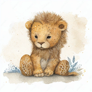 A cute baby lion , jellycat, stylised hand painted textures, stylized digital art, baby lion, rough paper texture, baby lion, highly detailed muted colors,watercolor texture, setteidreams colour design, finger blend shading, stippled walls,amazing textured brush strokes, illustrated in whimsical style, childrens book illustration, clipart style, white solid background , no watermark, remove watermark, no text, remove text, no writing, remove writing