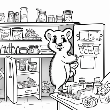 A mischievous ferret sneaks into the fridge and steals a piece of cheese. The background should show a typical kitchen with a fridge and some cabinets. Simple outlines, bold lines, black ink on white background, clipart, Simple outlines, bold lines, toon, cartoon, Make sure to leave some space for children to color. Black and white. black ink on white background.