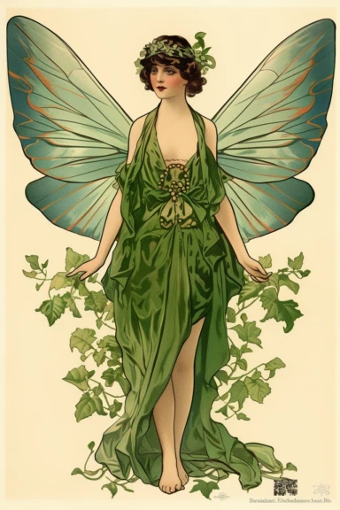 Vintage 1920 Symmetrical Fully Clothed Female Fairy with Large green Wings on its back Illustration, Chromolithograph, 1920s Illustration, Vintage, Antique, Ephemera, Clipart, 8k, on a vintage magazine cover