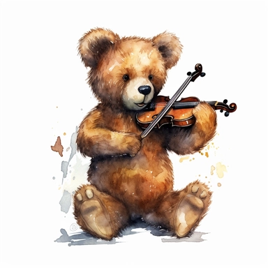 a watercolor of a realistic teddy bear, playing violin, rock band style, vector free clipart illustration, in the style of unreal engine 5, 32k uhd, detailed features, white background