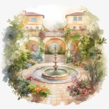 Watercolor luxurious stone garden courtyard spring garden palace 4k clipart spring graphics png white background
