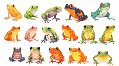 Frogs vector clipart vector Frogs cute collection, in the style of #screenshotsaturday, flat areas of color, flat color blocks, 1970–present, rough-edged 2d animation, lightbox, colorful animation stills