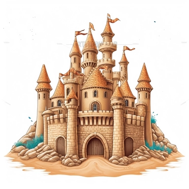 Cute Beautiful Castle Sand Sublimation Clipart,Cartoon, hyper realistic, intricate detail, illustration style,high solution,on the white background