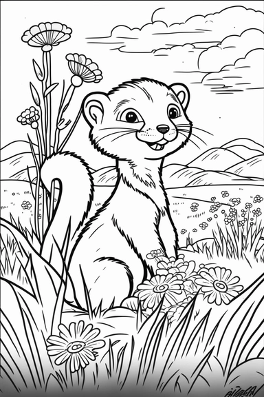 a happy ferret in grasslands, black and white clipart for a kids coloring page, simple and clean, thin line art, accurate features, proportionally sized, illustration style,