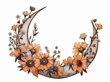 vintage pressed flowers, in a crescent moon shape, for a T-shirt graphic, minimalist, white background with margins, clipart style