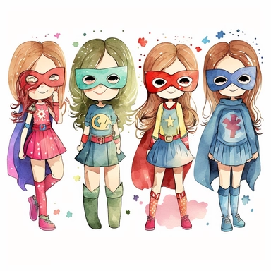 four watercolour happy little superhero girl, full body, with eye masks, clipart