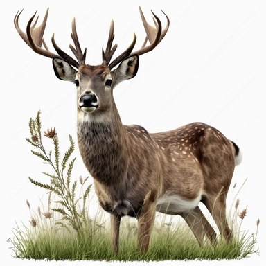 cute realistic deer, standing in the grass, detailed nose, white background, clip art