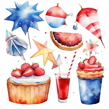 watercolor clipart set fireworks, state fair, blue ribbon, strawberry pie slice, lemonade, white background, photo realistic