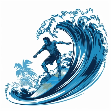 Design a clipart of a Hawaiian wave with a surfer riding it. Show the surfer in a dynamic pose, carving through the wave with the surfboard. Use shades of blue for the water and add foam at the crest of the wave,white background,clipart
