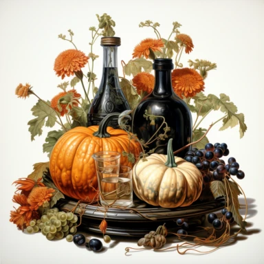 an svg vector clipart image of an oil painted Halloween still life, Thomas Kincade style, inside an organic shape, hyper realistic, vintage, plain white background