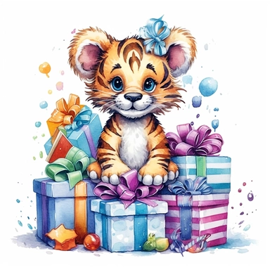 please create watercolor clipart of a baby tiger, smiling, wearing party clothes with birthday presents, vibrant colors, intricate details, isolated on white background, vivid colors, hdr, 8k