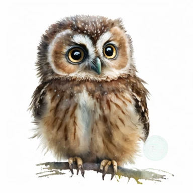 Watercolor furry Baby Owl Clipart with cute face and cute big eyes with white background and clear edges with high quality detailed image