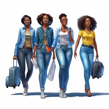Clipart, four curvy African American woman smiling, all in t shirts and blue jeans with suit cases walking together through the airport, colorful background, hyper realistic, well rendered, cinematic, - - v 5
