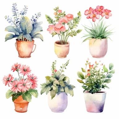 et of watercolor flowers and home plant clipart, flowers vase, flowers in pots, detail, isolated white background, 8k