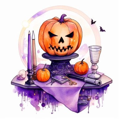 hand drawn glowing crystal ball sitting on a table with crystals, tarot cards, a wand, candles and a pumpkin, Halloween, purple and orange shades,fantasy, glamorous, , clipart style, detailed and realistic, watercolor, white background with margins