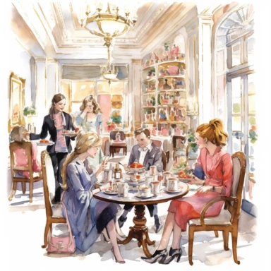 A charming scene of an afternoon tea party at a boutique hotel in Kensington, a quintessential London experience, Clipart, watercolor, white background, intricate detail