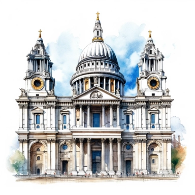 The magnificent St. Paul's Cathedral under a clear blue sky, Clipart, watercolor, white background, intricate detail