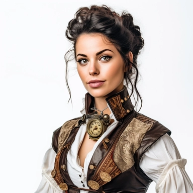 Solid white background. Waist-up portrait of a curious steampunk woman, her intrigued gaze and a slight smirk hinting at her adventurous spirit. Her snow-white skin and jet-black hair beautifully contrast with her gold and rust attire, showcasing Victorian elegance and steampunk mechanics. Instead of a hat, she wears a headband adorned with miniaturized gears and cogs. The background lacks steampunk elements. Pastel clipart, hyper-realistic, retro-futurism, solid white background