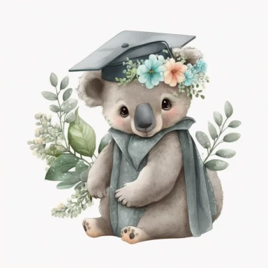 a cute little watercolour Koala Bear kindergarten graduate, nursery graduation, graduation hat, graduation celebration, wearing a graduation hat, flowers, Clipart, isolated white background