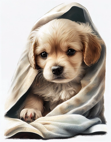 baby dog in a blanket, watercolor clipart, transparent background,