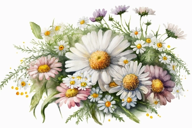 watercolor daisy flowers head bouquet, isolated, white background, clipart