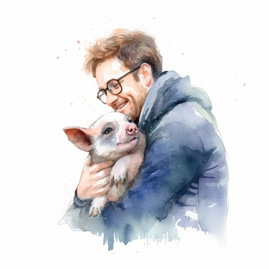 Adorable pet Miniature Pig having happy moment with it's human owner, water color style, clipart, white background