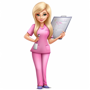 Asian blonde hair nurse wearing pink scrubs with chart in hand clipart, on white background