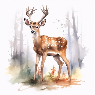 Watercolour cute realistic deer in the wood, woodland animal, ultra detailed ultra photoreal intricate detailed beautiful magnificent deer with perfect beautiful realistic eyes and intricate facial features four perfect legs and paws realistic detailed, png image, high definition, 300dpi, graphic clipart, computer graphics