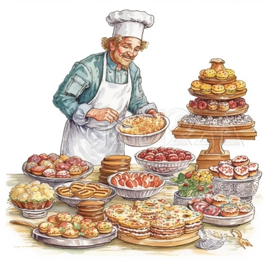 French Country kitchen,there is a baker making cupcakes, donuts and cookies. French Country kitchen clip art, on white background, clip art, highly detailed, extreme sharp focus,