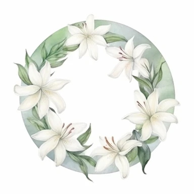 white lilies circular simple elegant frame, detailed realistic watercolor illustration, white background clipart
