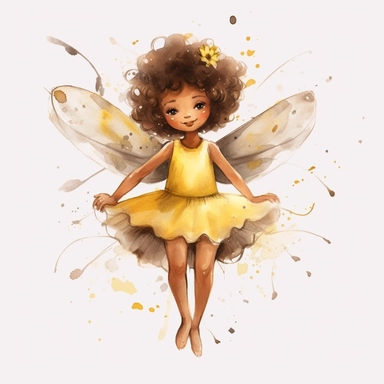 cute brown skin fairy girl clipart watercolor yellow dress [turnabout] front view, looking at camera cw, 8k, hd v5 line drawing midair