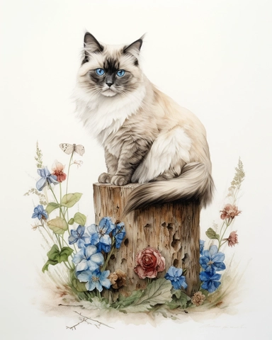 Watercolor Painting of Ragdoll cat sitting on stump surrounded by wild Texas Flowers, on white background good anatomy, DETAILED ILLUSTRATION, Flemish Baroque, Rococo, white background, Intricate Detailed, Soft Light Effect, Oil Paint Strokes, Light Academia Aesthetic Flowers, Lighting cinematic, all shown shimmering stamens, tyndall light, texture, colorful, 8k, fantasy, ray tracing, vivid, spectacular lighting, octane rendering, highly detailed, ultra - realistic, white background, clipart, su