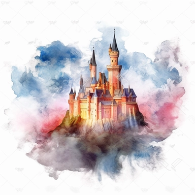castle on clouds clipart, watercolor technique, 8k detailed digital art, bright, colorful, soft lightning, sharp clear focus, detailed, sharp, on a white background