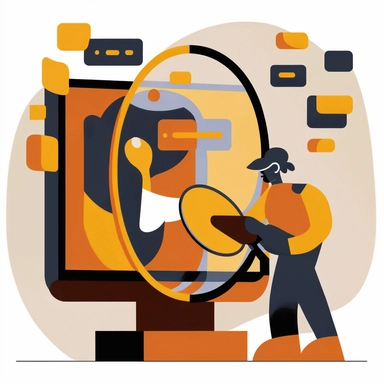 flat illustration, person with a magnifying glass protecting a computer screen with chat boxes, in the style of bold graphic illustrations, light orange and dark gold, color-blocked shapes, clear edge definition, weathercore, multi-layered figures, tagging and marking style, vector graphic, clipart