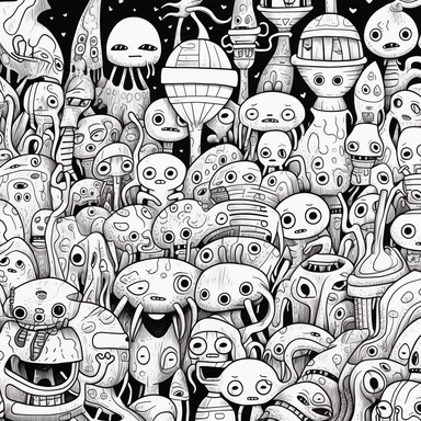 black and white coloring page for adults, a lot of aliens , in the style of ominous vibe, monochromatic white figures, fine lines, creative commons attribution, wallpaper, childs drawing, animated exuberance, no shading, clipart