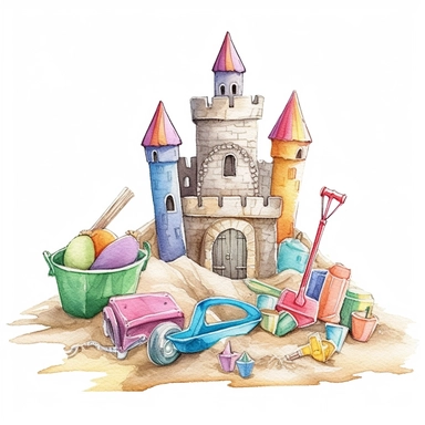 Highly Detailed image of watercolor style clip art style staged sand castles with beach toys and additional accessories on a white background